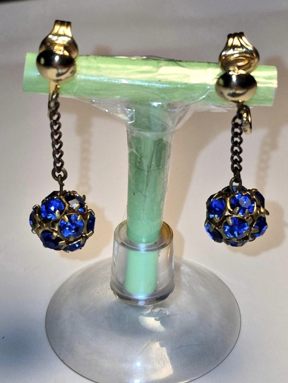 Vintage Blue Rhinestone Cage Ball Drop Earrings Gold Tone Clip On Unsigned